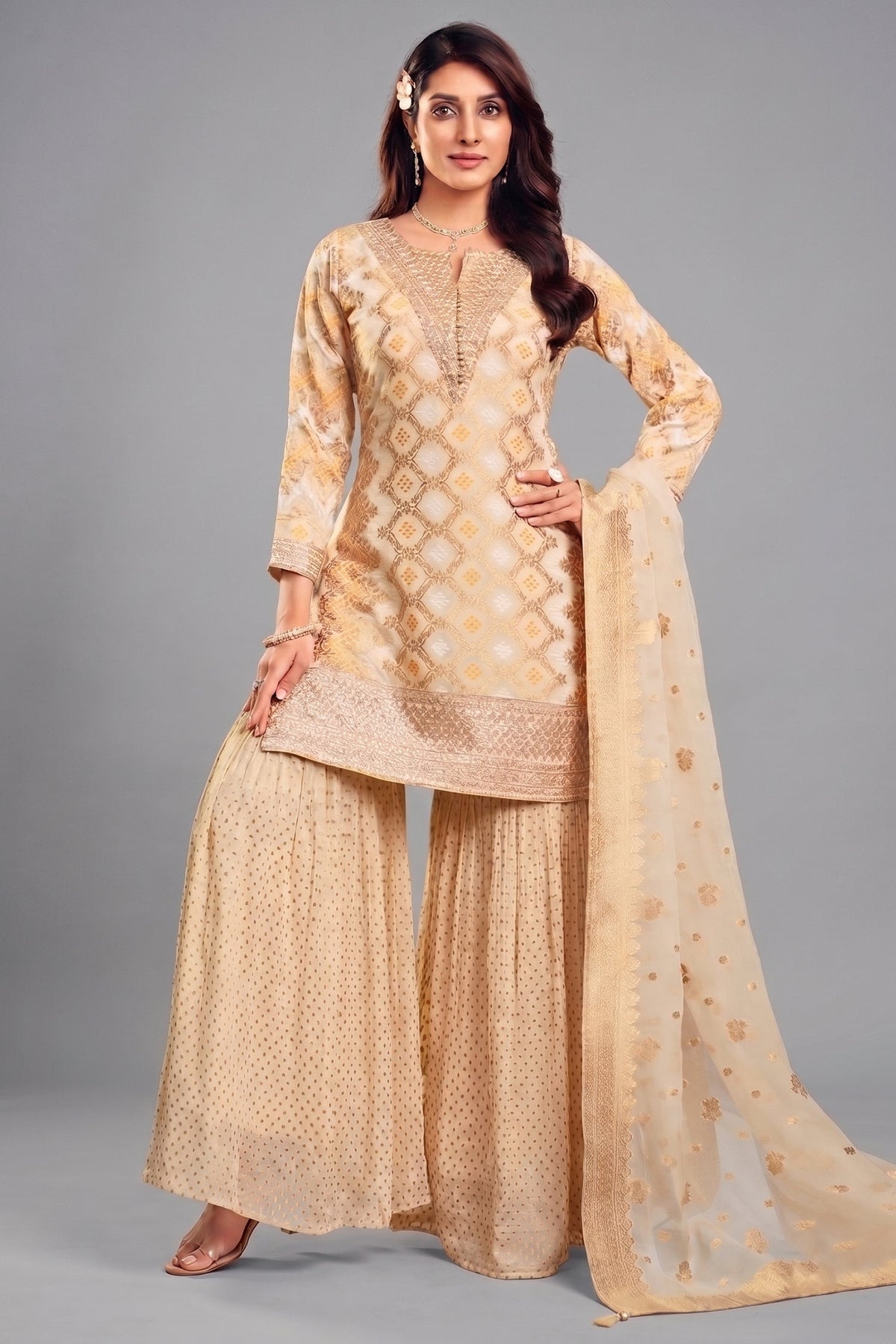 Cream Georgette Bandhej Woven Sharara Suit with Sequin Work