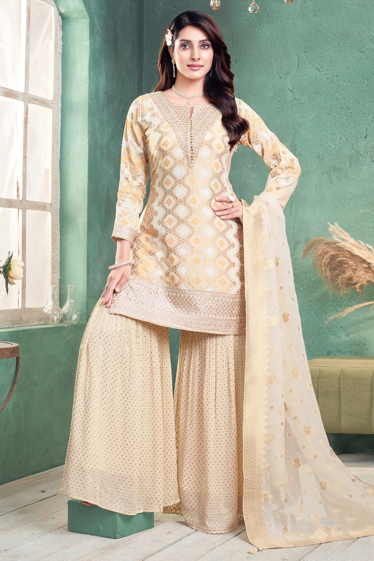 Cream Georgette Bandhej Woven Sharara Suit with Sequin Work
