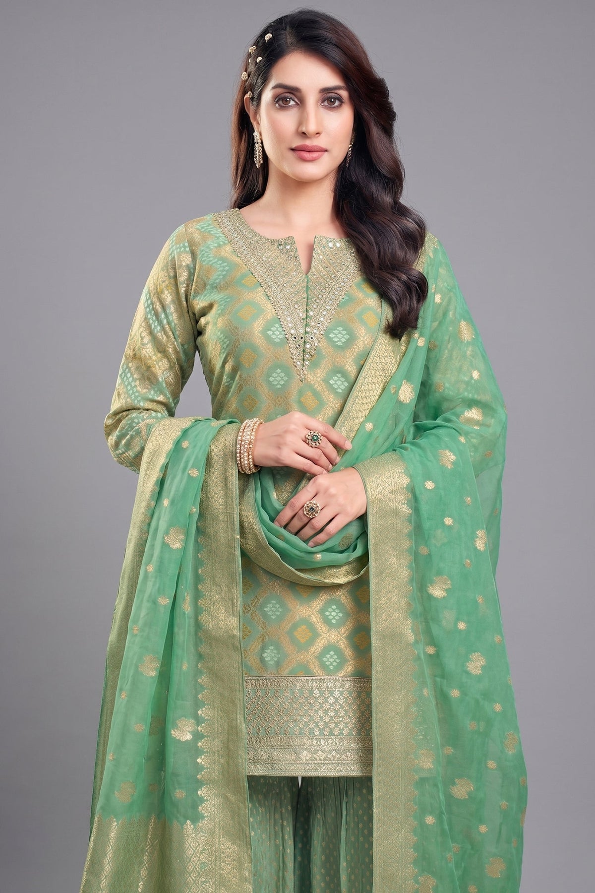 Green Georgette Bandhej Woven Sharara Suit with Sequin Work