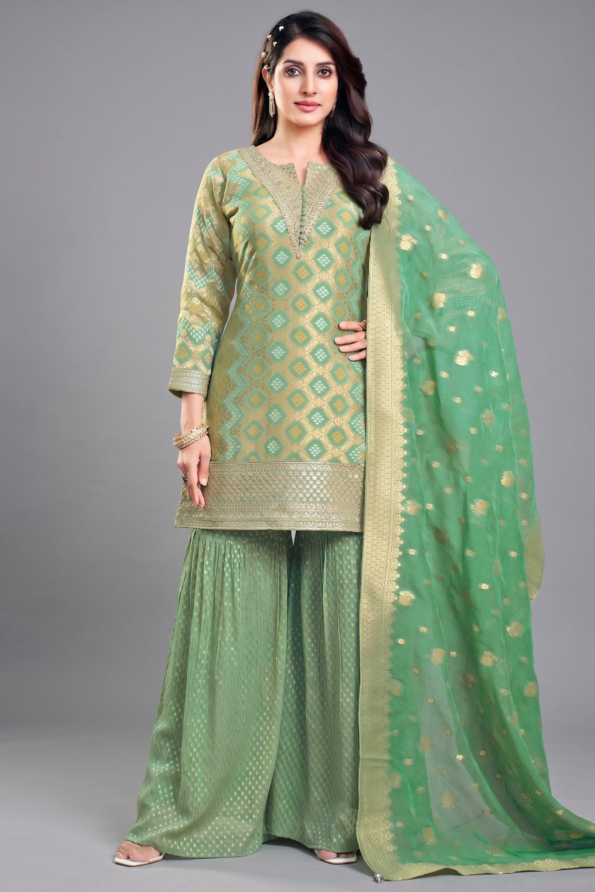 Green Georgette Bandhej Woven Sharara Suit with Sequin Work