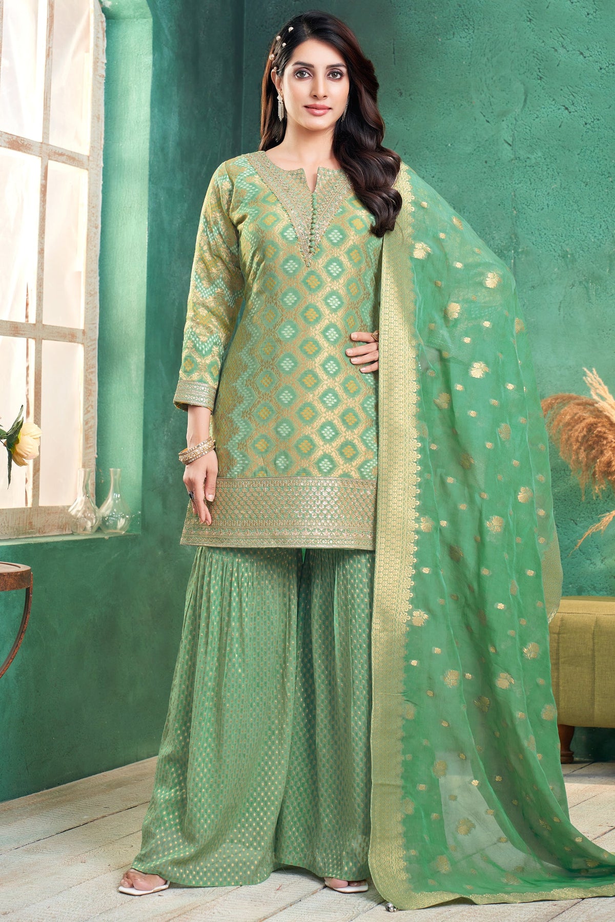 Green Georgette Bandhej Woven Sharara Suit with Sequin Work