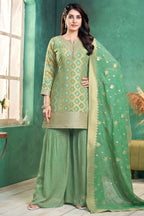 Green Georgette Bandhej Woven Sharara Suit with Sequin Work