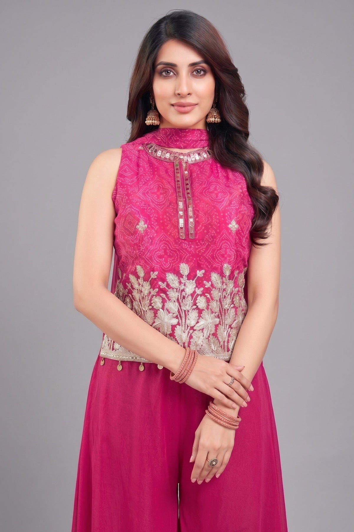 Pink Chinon Chiffon Printed Top and Palazzo Suit with Gota Work