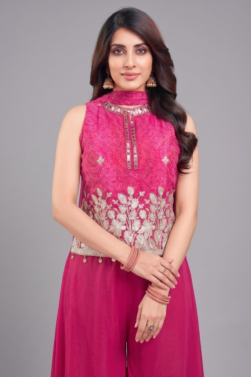 Pink Chinon Chiffon Printed Top and Palazzo Suit with Gota Work