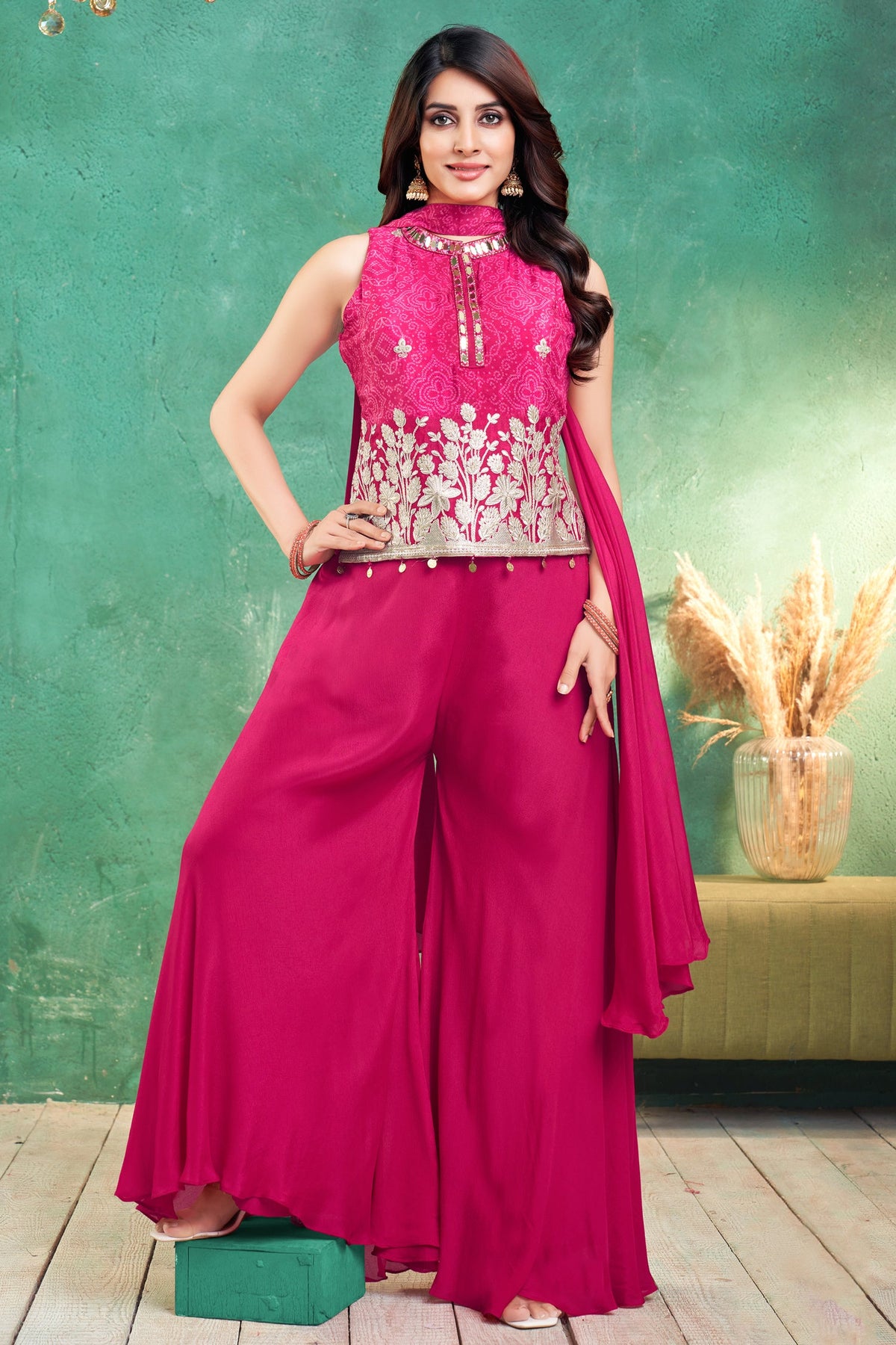 Pink Chinon Chiffon Printed Top and Palazzo Suit with Gota Work