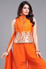Orange Chinon Chiffon Printed Top and Palazzo Suit with Gota Work