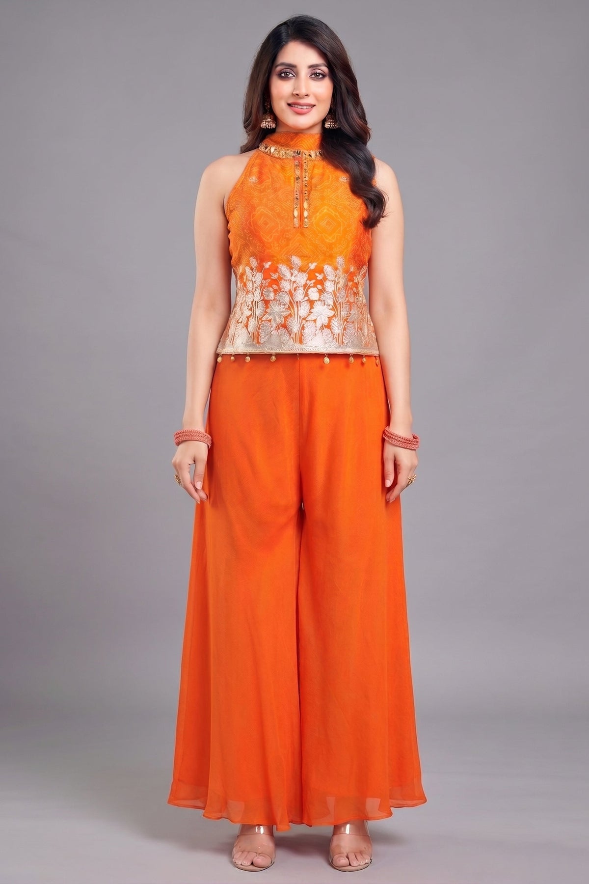 Orange Chinon Chiffon Printed Top and Palazzo Suit with Gota Work