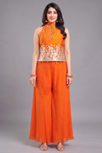 Orange Chinon Chiffon Printed Top and Palazzo Suit with Gota Work