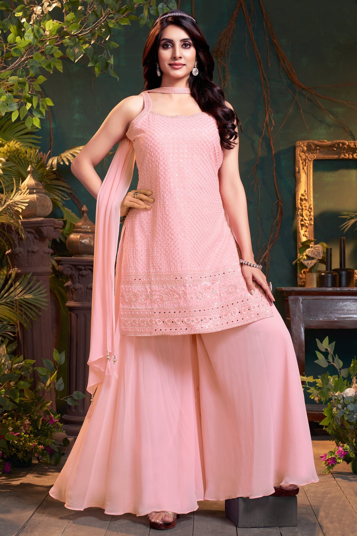 Light Pink Georgette Lucknowi Worked Palazzo Suit