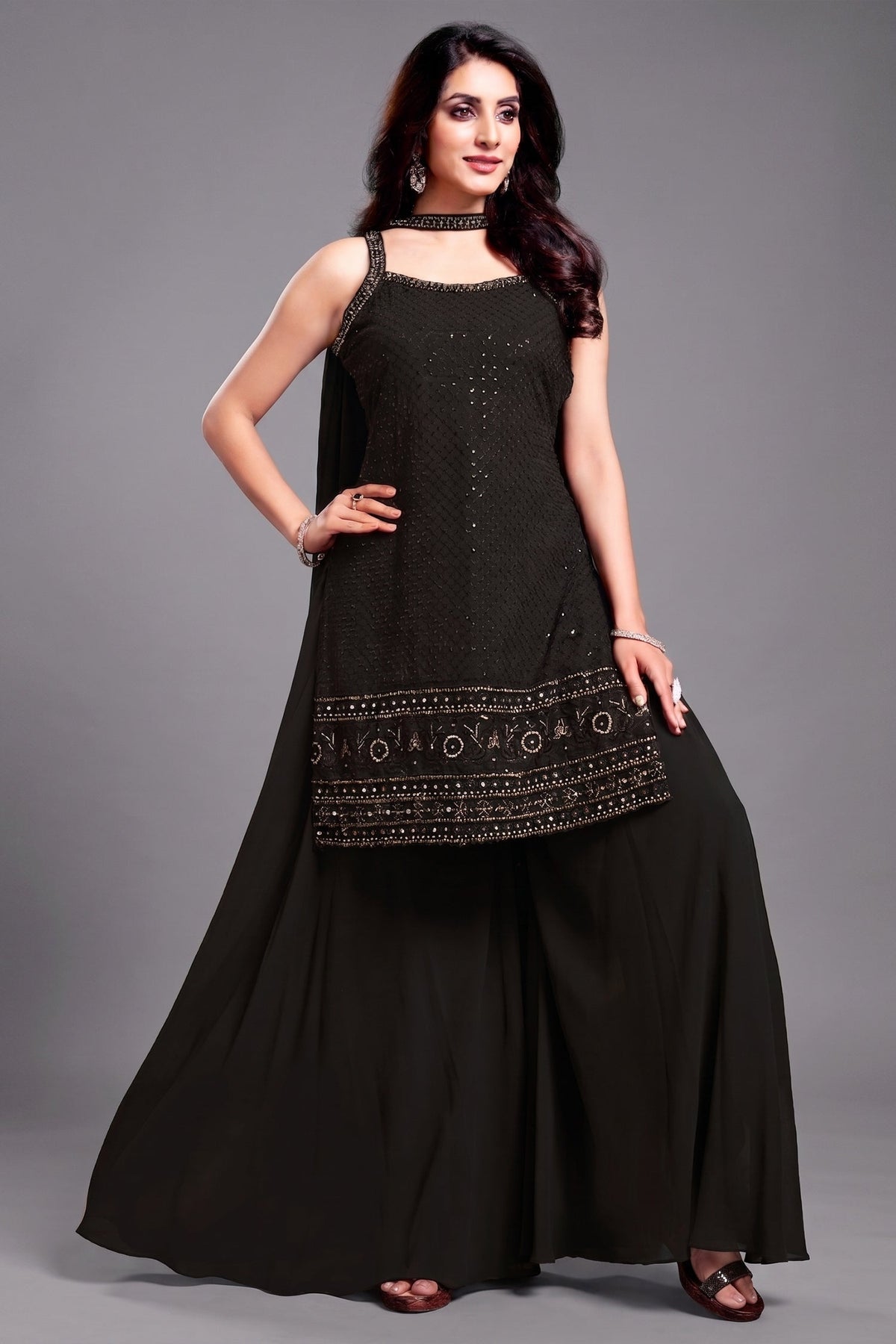 Black Georgette Lucknowi Worked Palazzo Suit