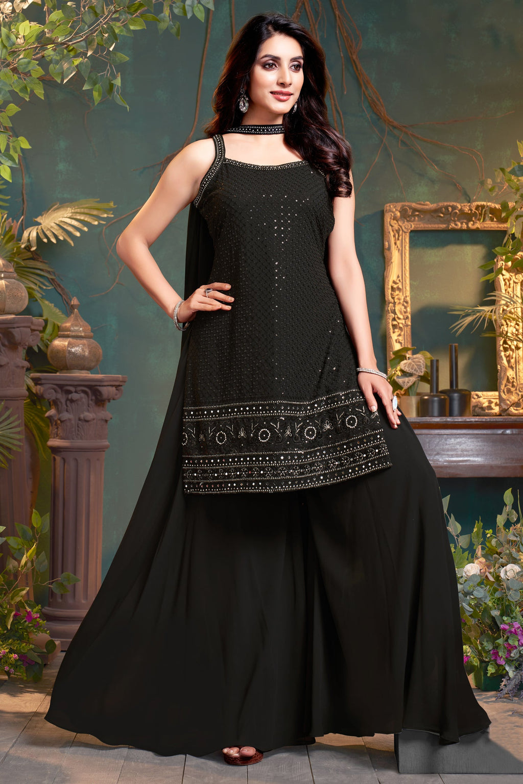 Black Georgette Lucknowi Worked Palazzo Suit