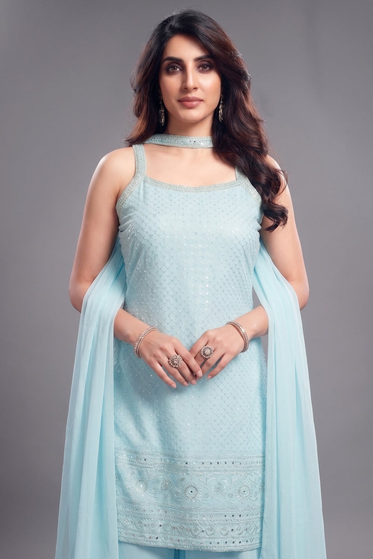 Light Sky Blue Georgette Lucknowi Worked Palazzo Suit