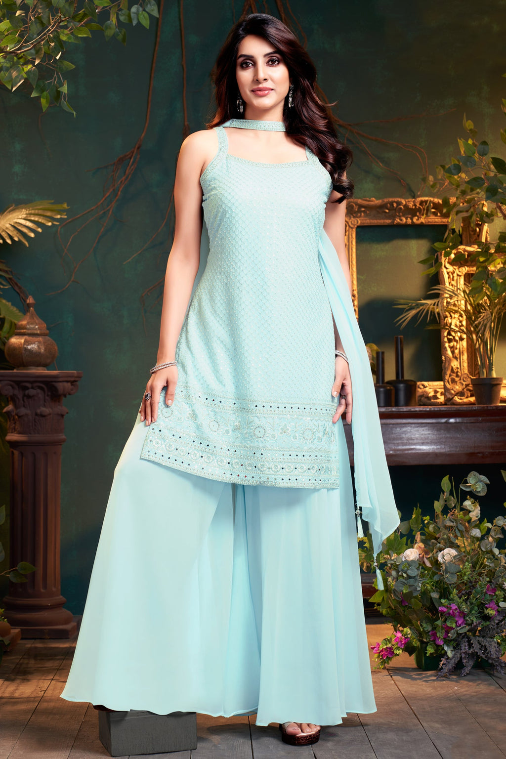 Light Sky Blue Georgette Lucknowi Worked Palazzo Suit