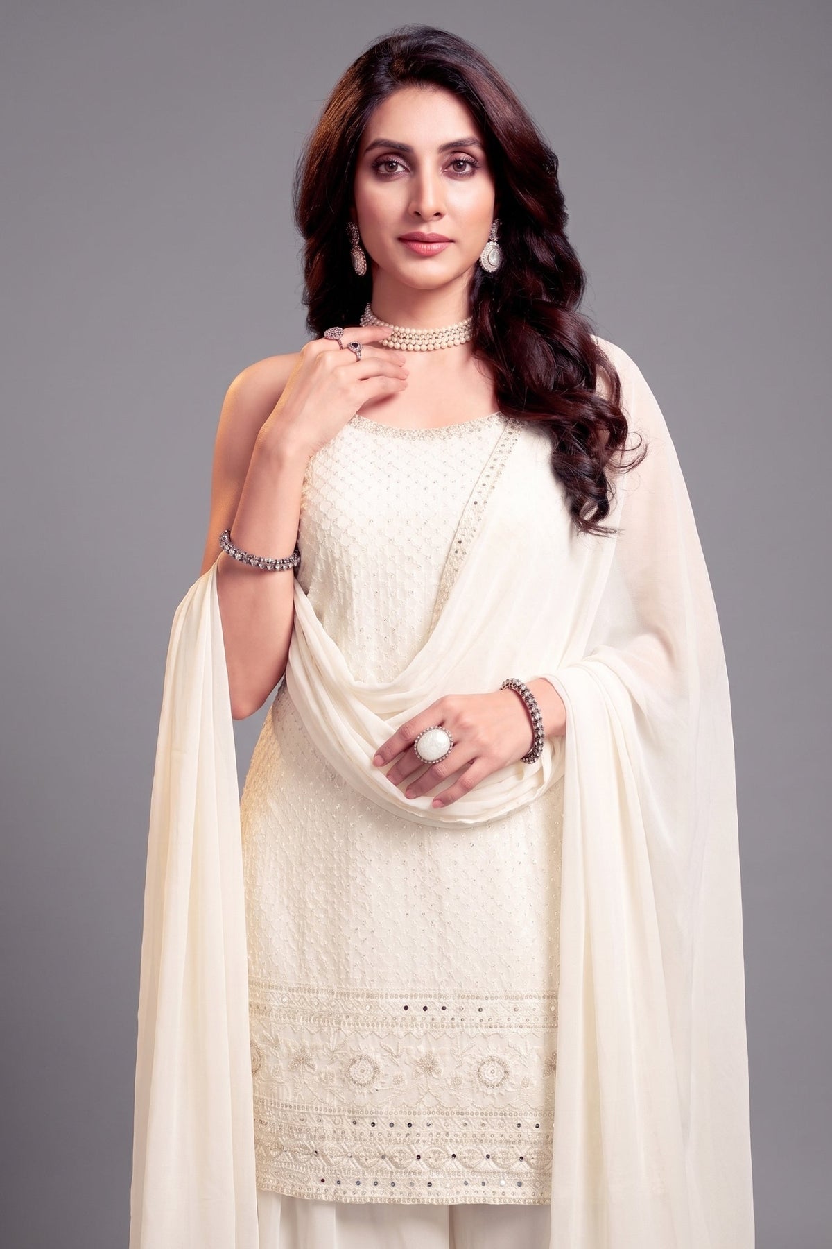 Off White Georgette Lucknowi Worked Palazzo Suit