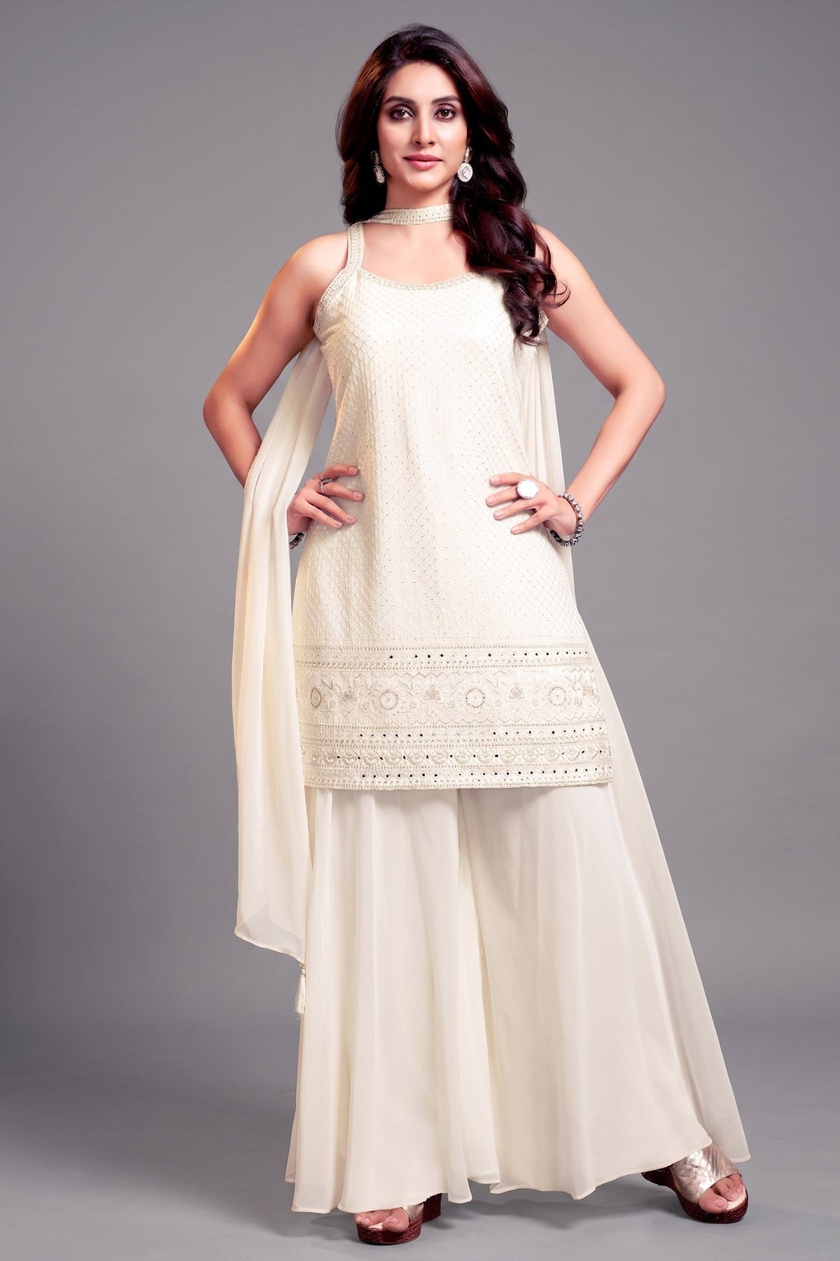 Off White Georgette Lucknowi Worked Palazzo Suit