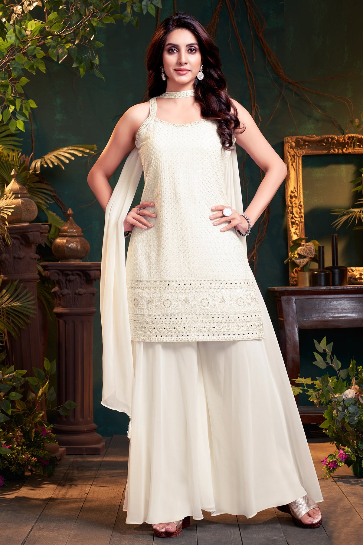 Off White Georgette Lucknowi Worked Palazzo Suit