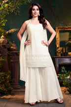 Off White Georgette Lucknowi Worked Palazzo Suit