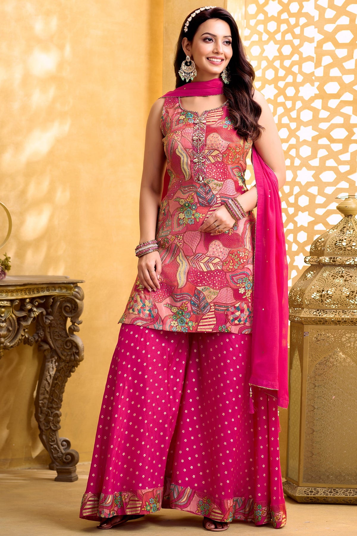 Pink Tissue Silk Printed Palazzo Suit