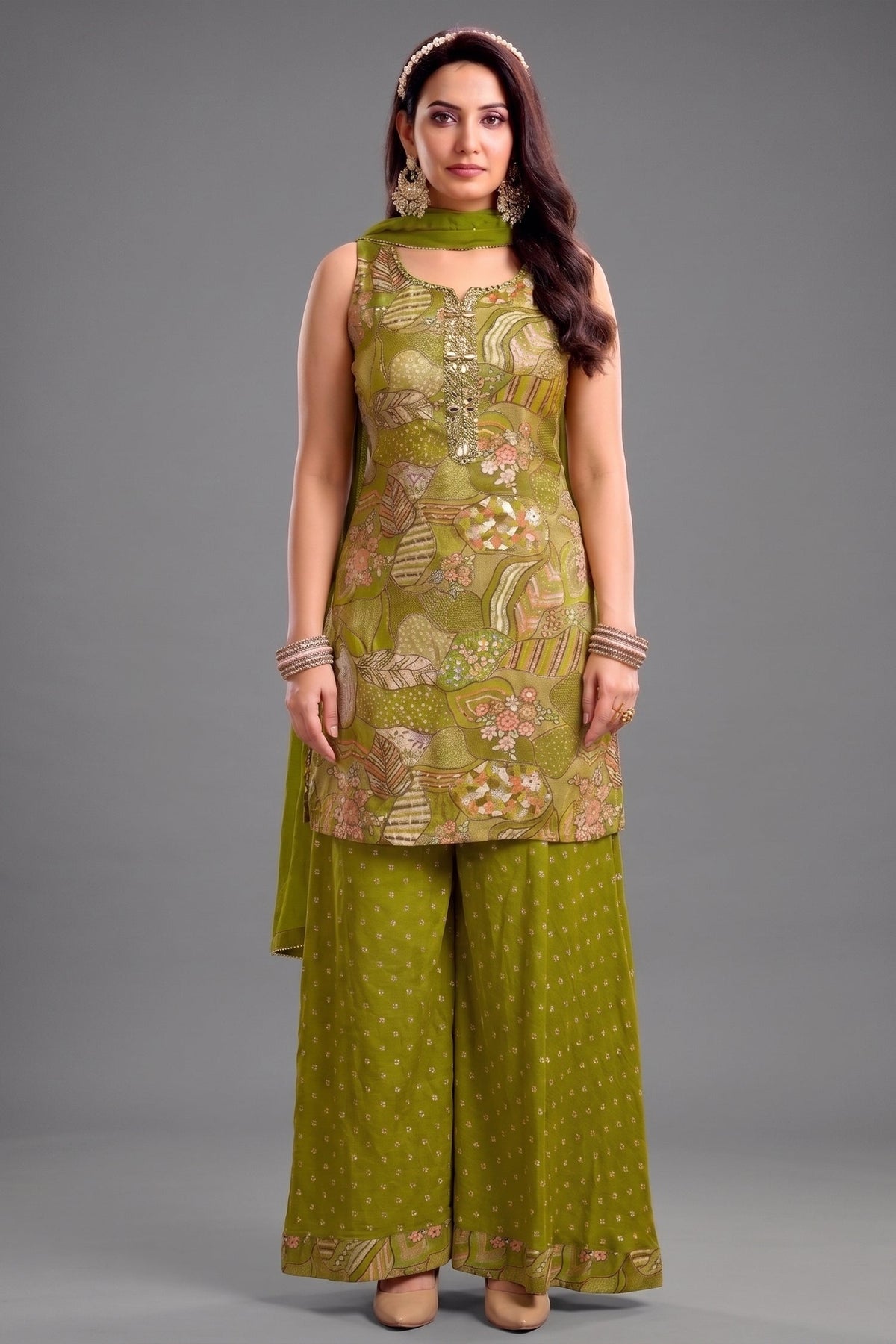 Green Tissue Silk Printed Palazzo Suit