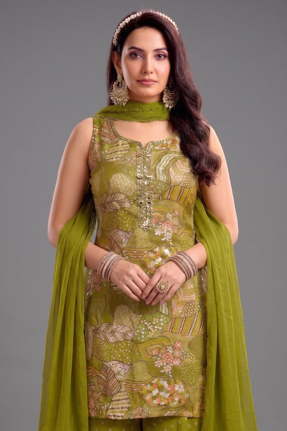Green Tissue Silk Printed Palazzo Suit