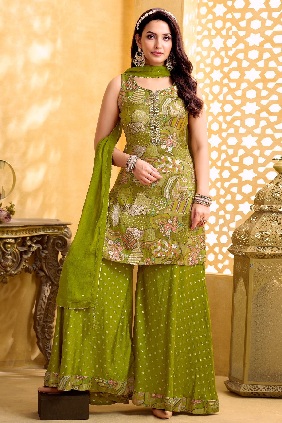 Green Tissue Silk Printed Palazzo Suit