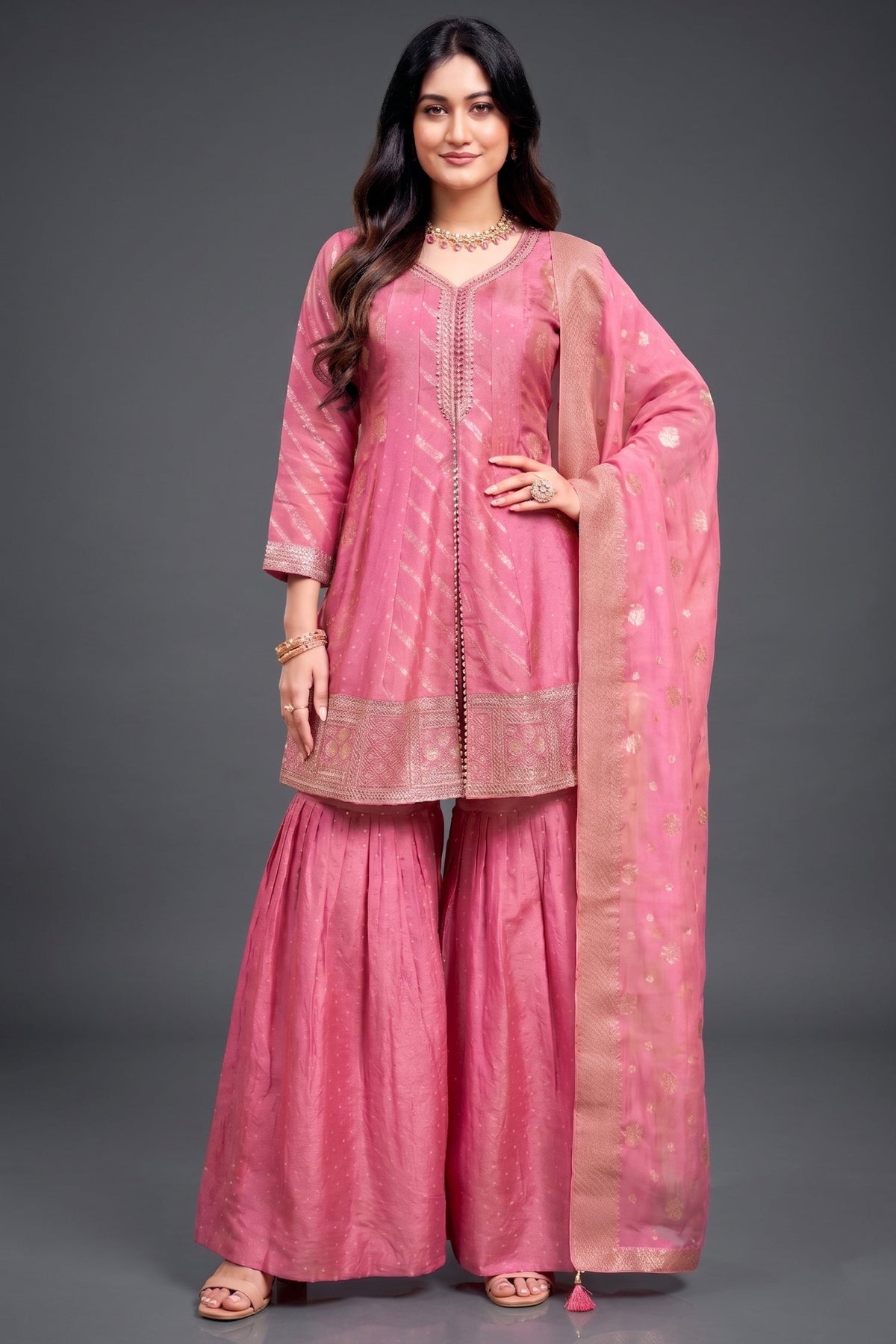 Light Pink Tissue Silk Woven Sharara Suit