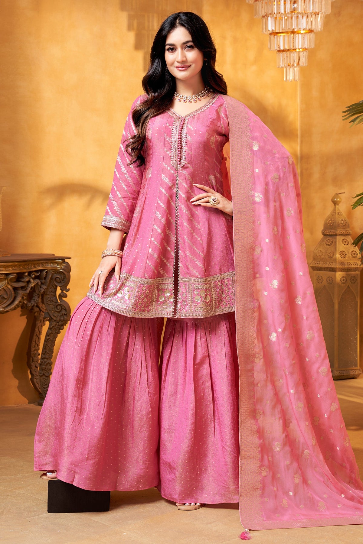 Light Pink Tissue Silk Woven Sharara Suit