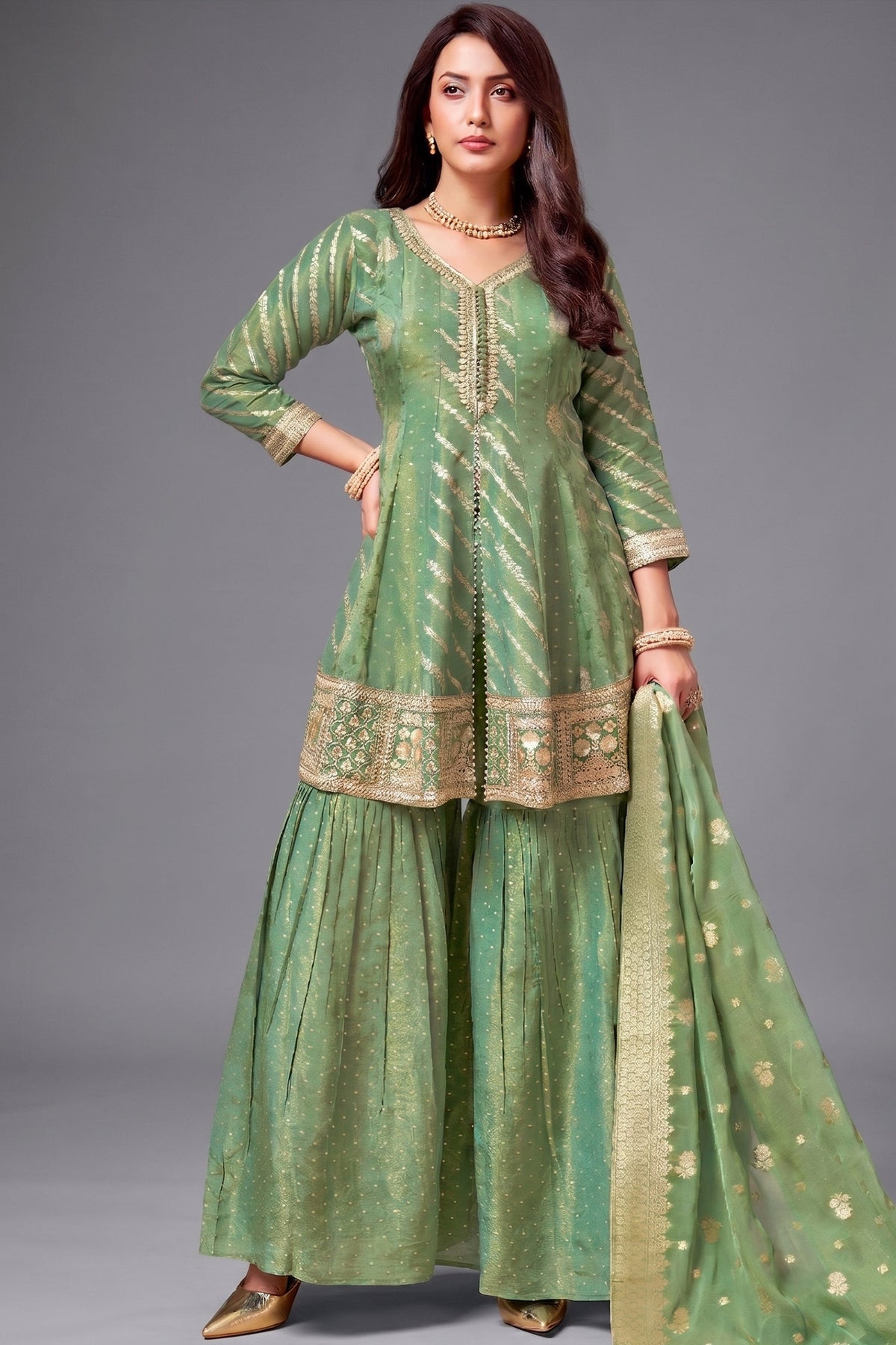 Sea Green Tissue Silk Woven Sharara Suit