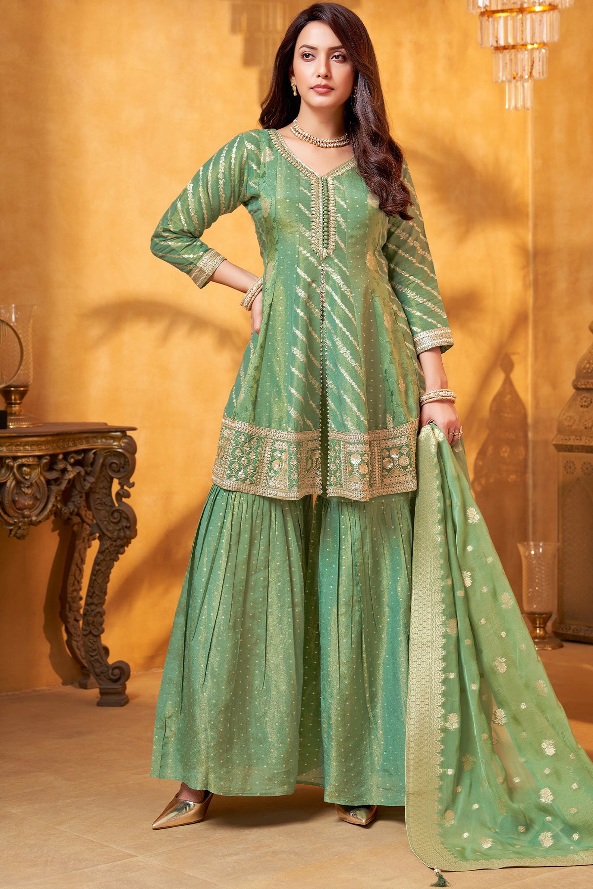 Sea Green Tissue Silk Woven Sharara Suit