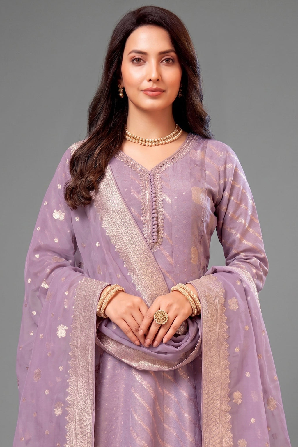 Lavender Purple Tissue Woven Anarkali Palazzo Suit