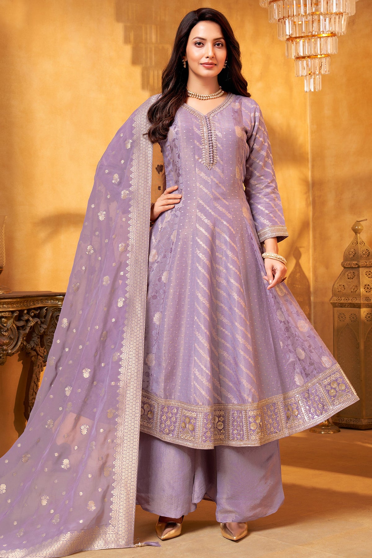 Lavender Purple Tissue Woven Anarkali Palazzo Suit