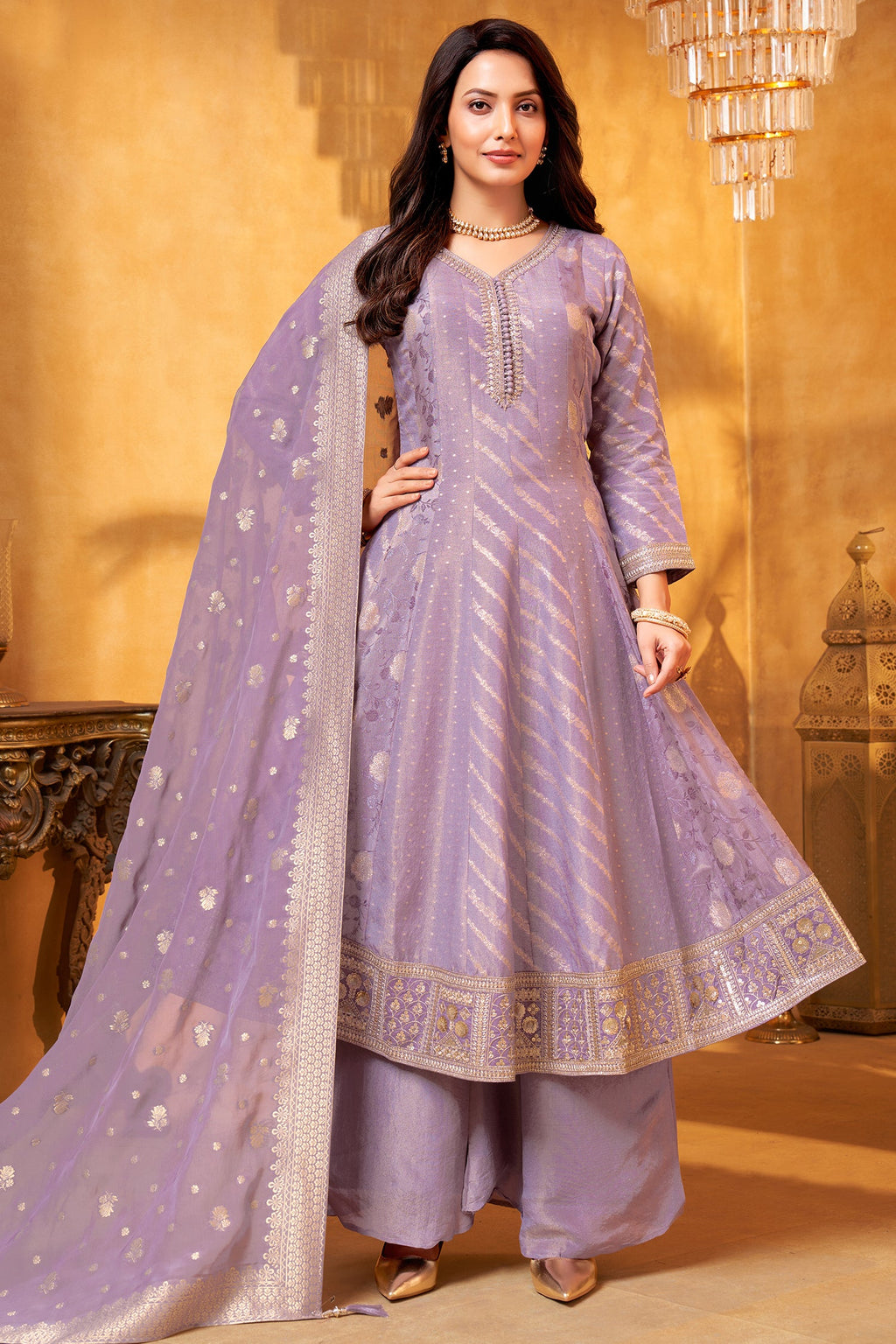 Lavender Purple Tissue Woven Anarkali Palazzo Suit