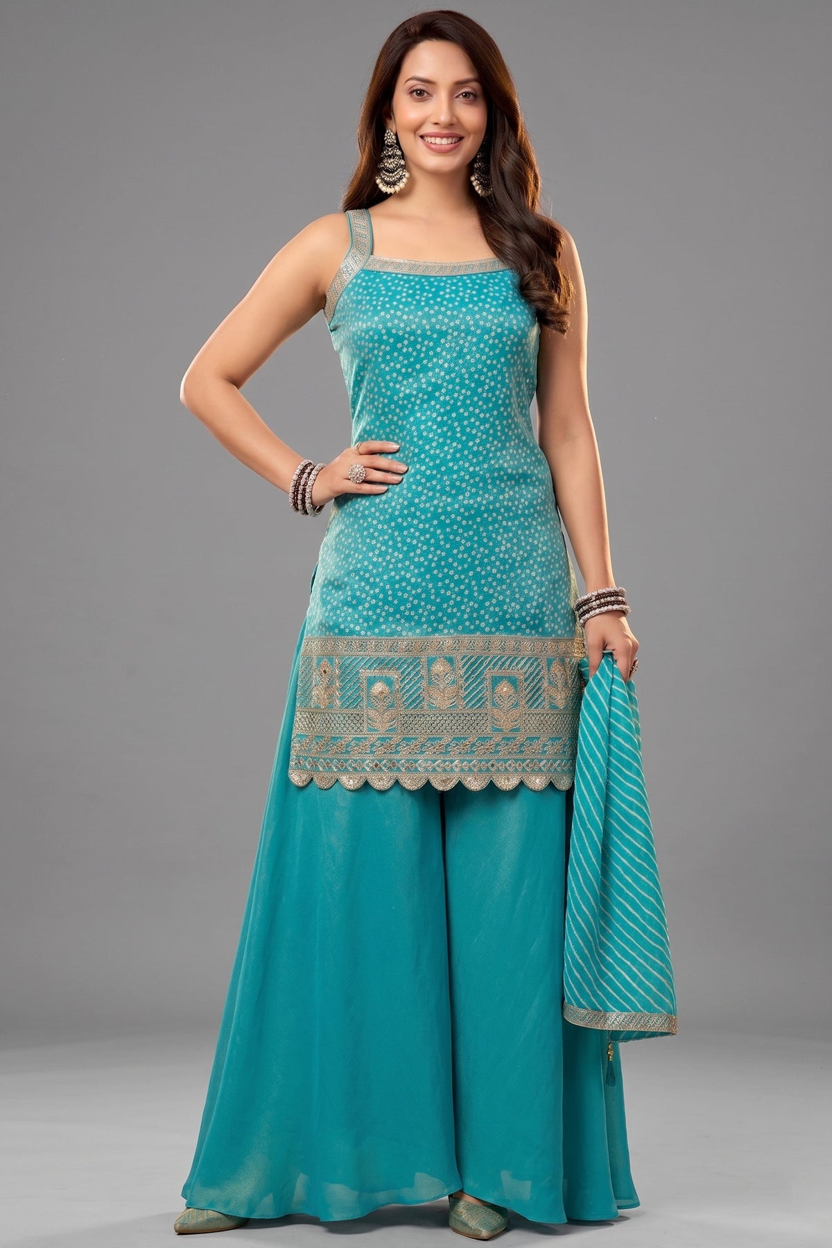 Turquoise Blue Tissue Printed Palazzo Suit