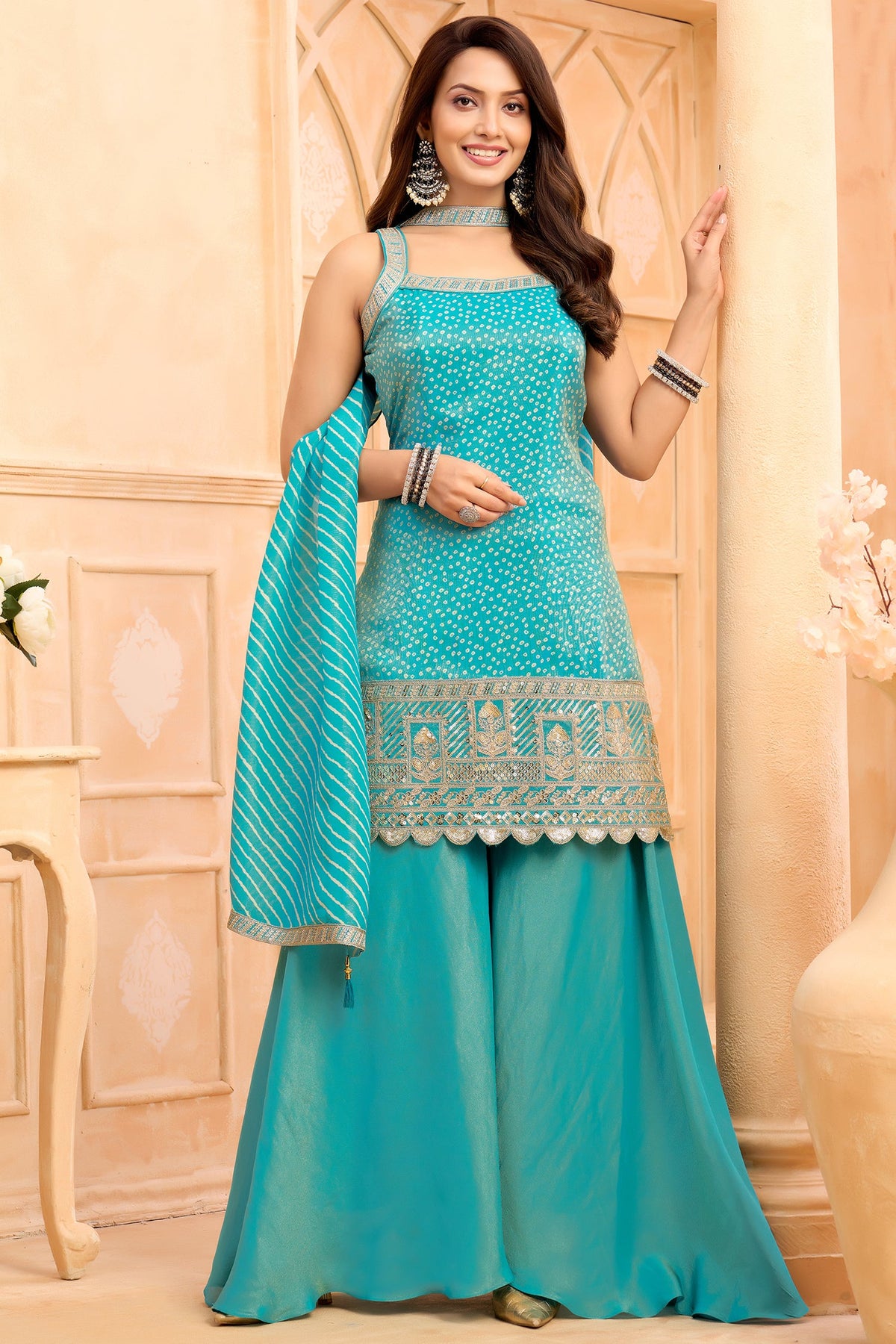 Turquoise Blue Tissue Printed Palazzo Suit