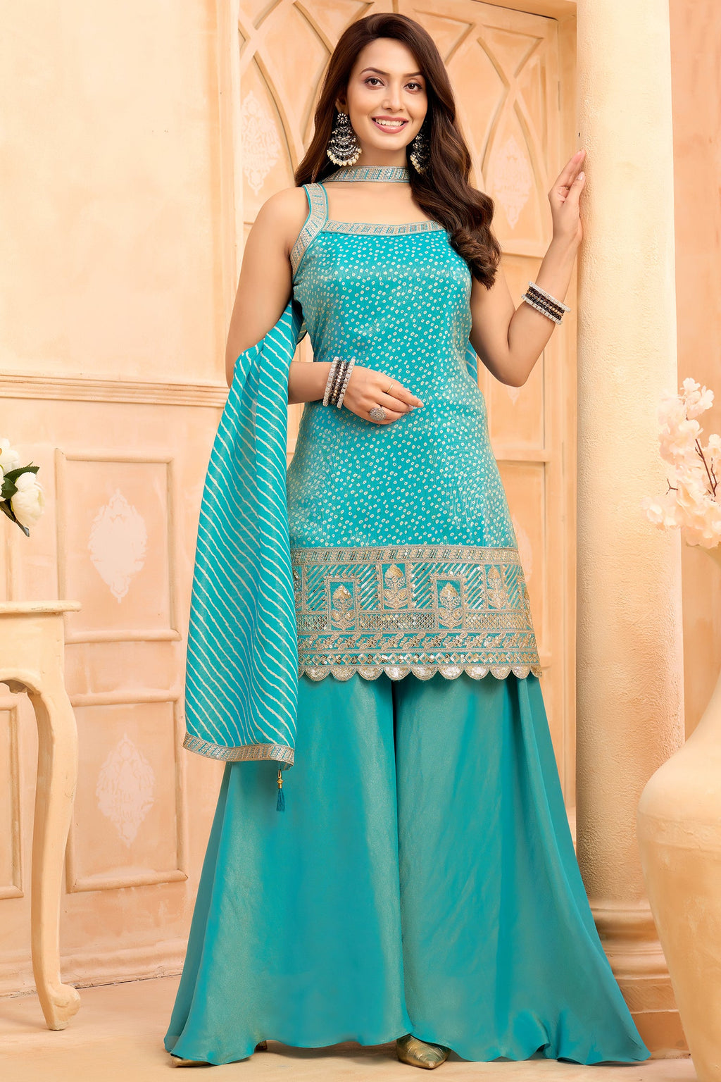 Turquoise Blue Tissue Printed Palazzo Suit