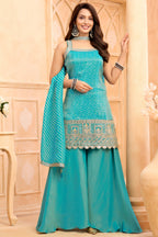 Turquoise Blue Tissue Printed Palazzo Suit