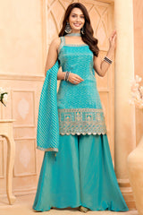 Turquoise Blue Tissue Printed Palazzo Suit