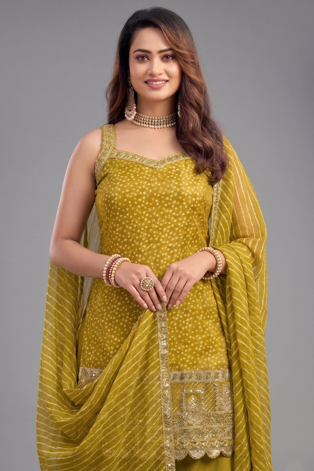 Lime Green Tissue Printed Palazzo Suit