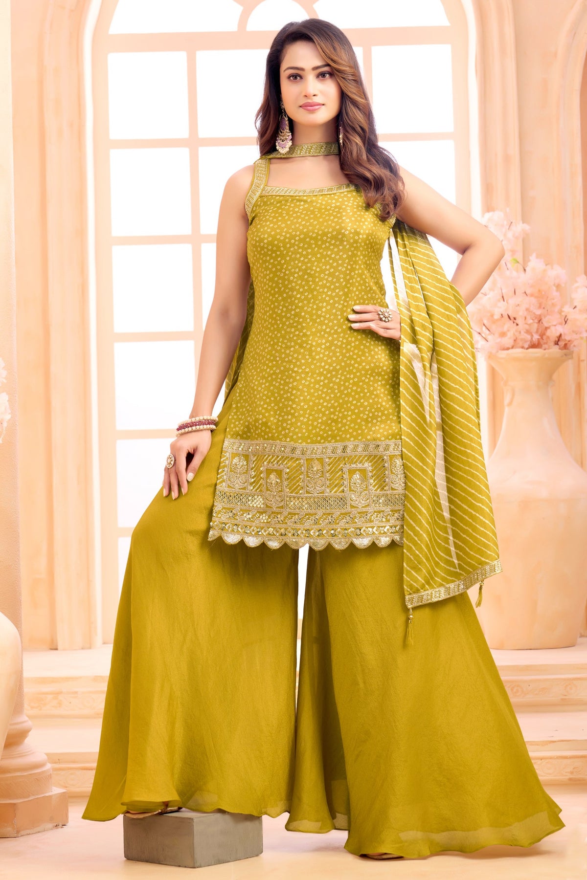 Lime Green Tissue Printed Palazzo Suit