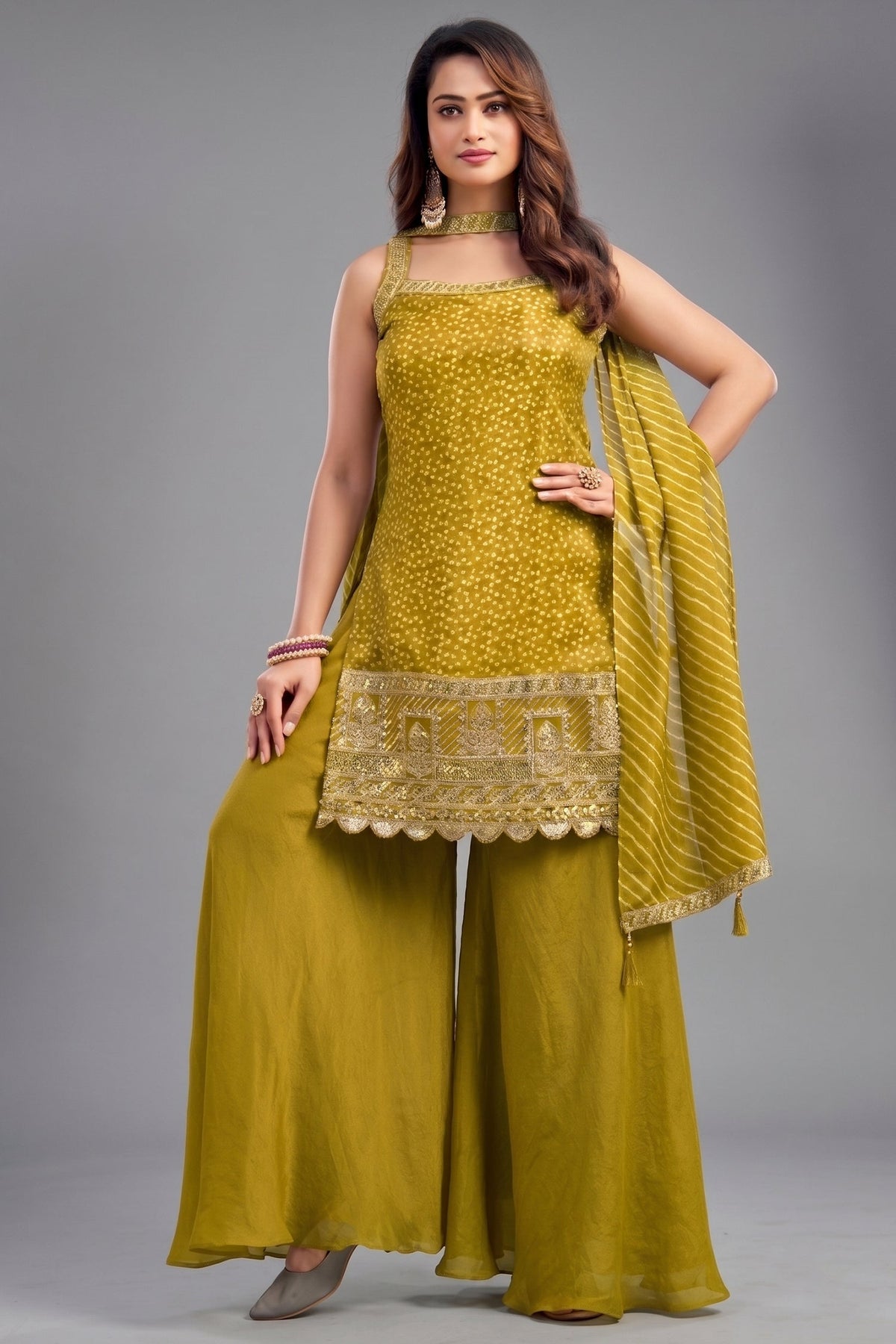 Lime Green Tissue Printed Palazzo Suit