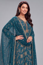 Prussian Blue Crepe Silk Sequin Worked Anarkali Suit