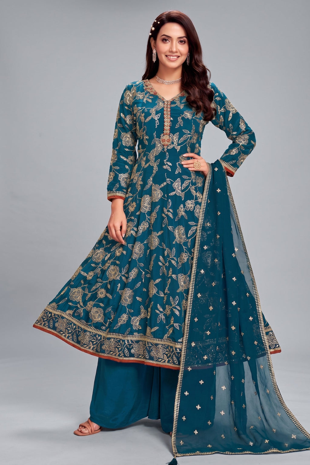 Prussian Blue Crepe Silk Sequin Worked Anarkali Suit