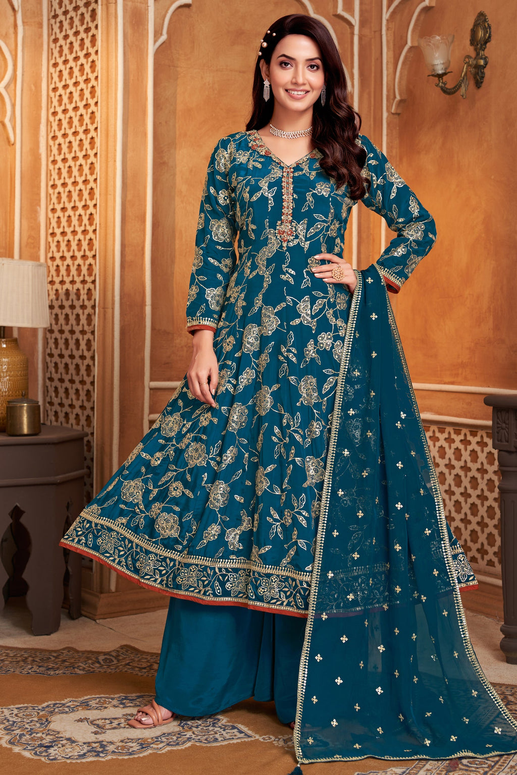 Prussian Blue Crepe Silk Sequin Worked Anarkali Suit