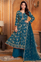 Prussian Blue Crepe Silk Sequin Worked Anarkali Suit