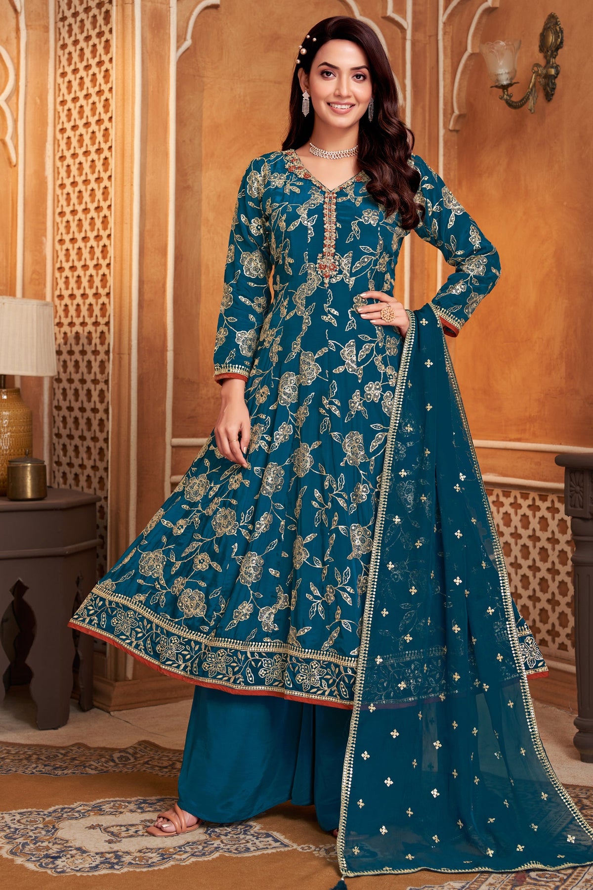 Prussian Blue Crepe Silk Sequin Worked Anarkali Suit