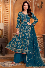 Prussian Blue Crepe Silk Sequin Worked Anarkali Suit