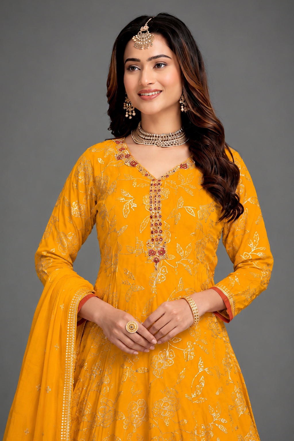 Yellow Crepe Silk Sequin Worked Anarkali Palazzo Suit
