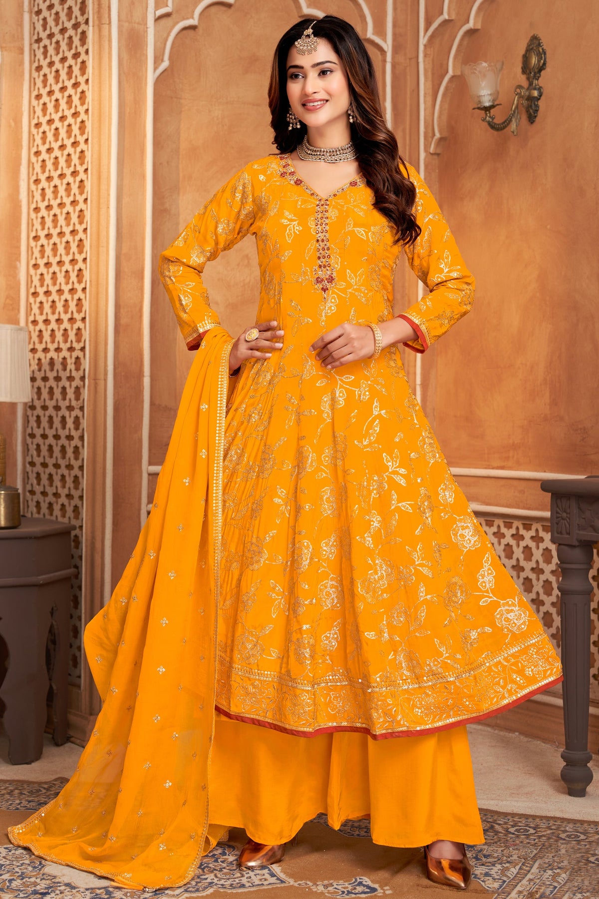 Yellow Crepe Silk Sequin Worked Anarkali Palazzo Suit