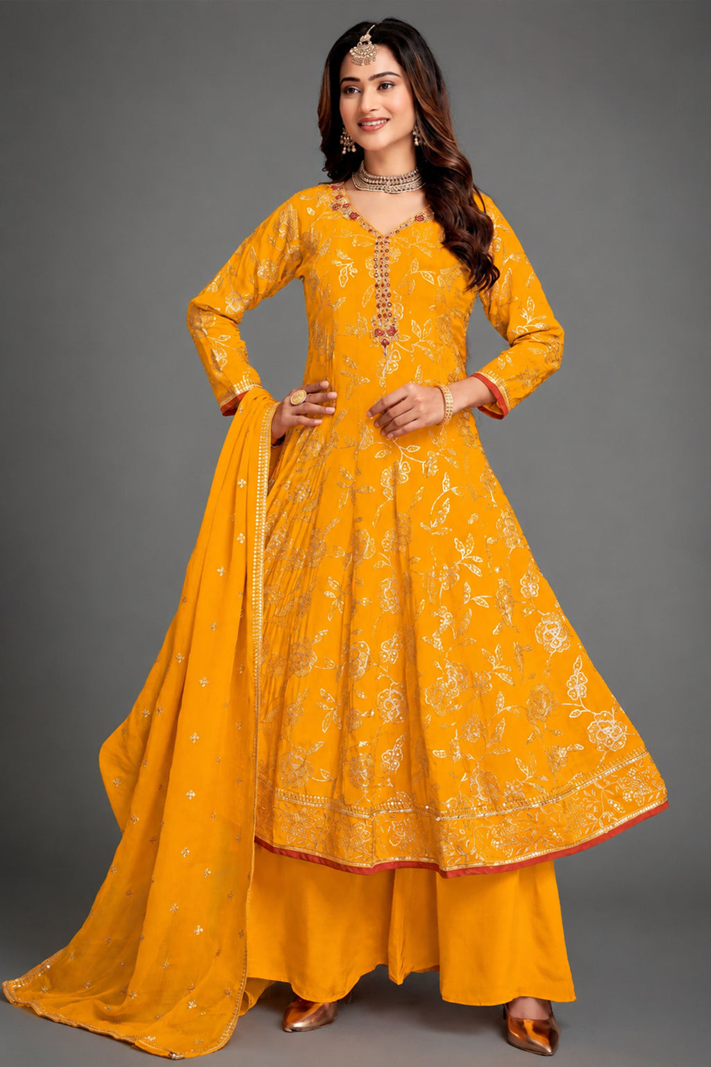 Yellow Crepe Silk Sequin Worked Anarkali Palazzo Suit