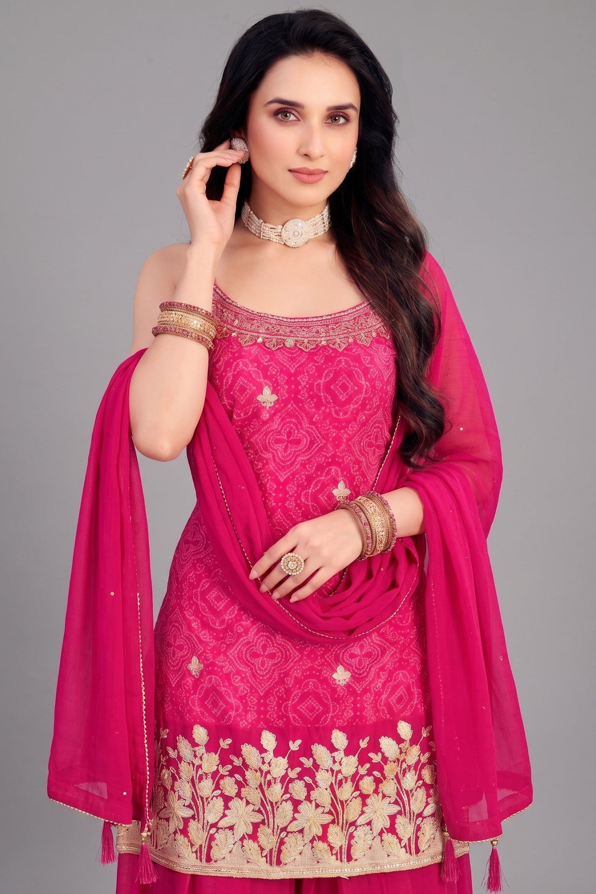 Pink Chinon Chiffon Printed Palazzo Suit with Gota Work